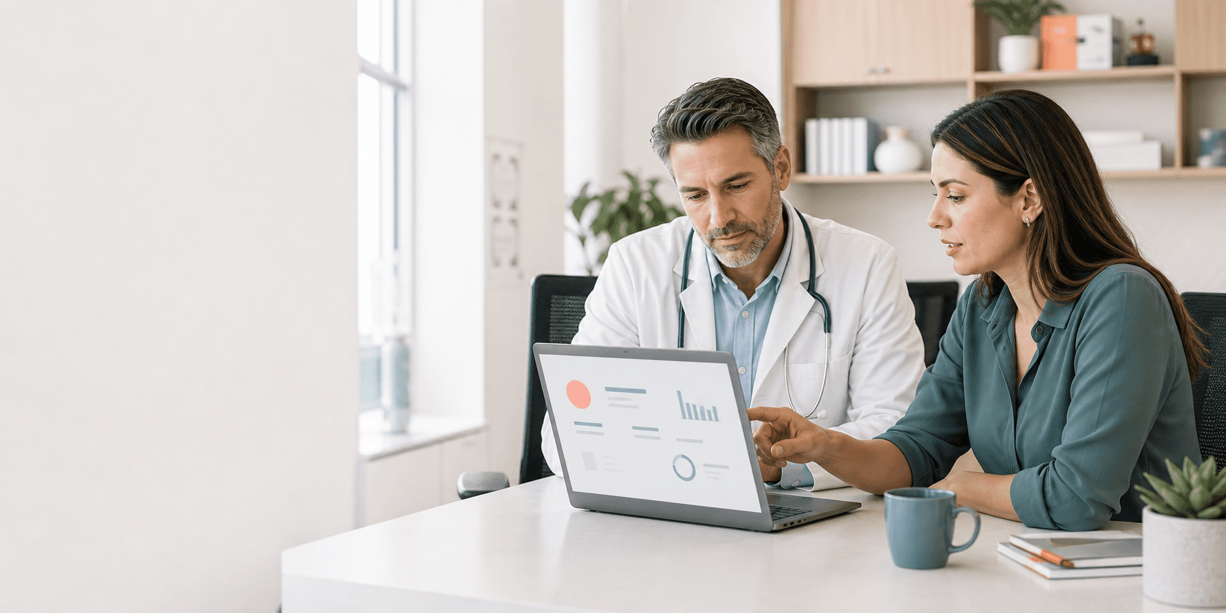 A physician and care coordinator reviewing care-management work together